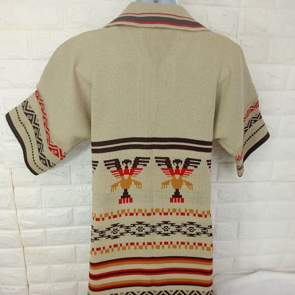 Vintage 70s-80s Aztec Southwestern Sweater Tunic Collar SSL Slits Fringe -10/12 - Picture 9 of 11